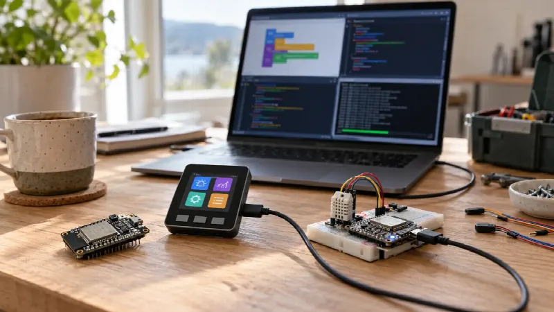ESP32- og M5Stack-lignende kort foran utviklingsmiljø med blokker og kode