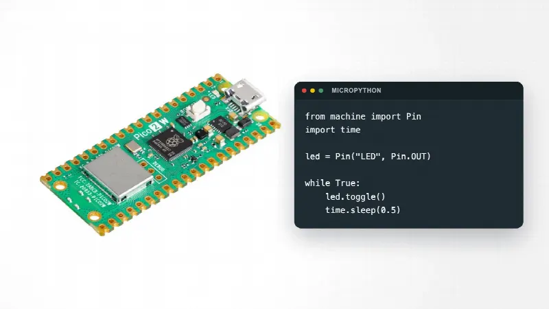 Raspberry Pi Pico 2 W ved siden av MicroPython-kode som får den innebygde LED-en til å blinke med Pin("LED")