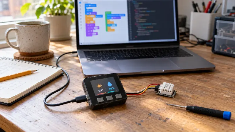 Kompakt ESP32-enhet med sensor foran UIFlow-blokker og MicroPython-kode