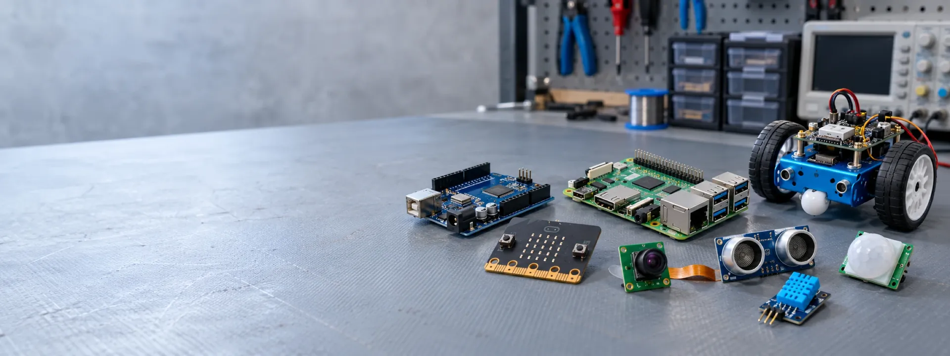 Arduino, Raspberry Pi, micro:bit, kamera, sensorer og robotbil på et verkstedbord