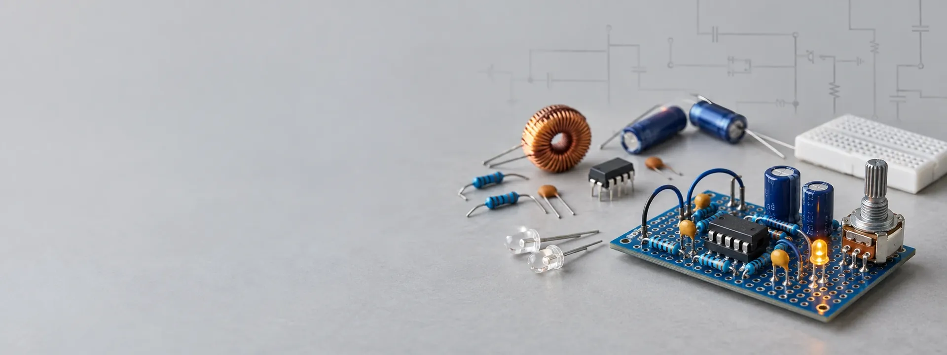 Loddet krets på hullkort med IC, kondensatorer, potensiometer og LED, ved siden av løse komponenter