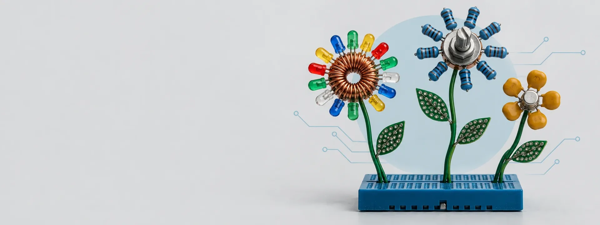 Blomster laget av LED-er, resistorer, en spole og kondensatorer på et koblingsbrett