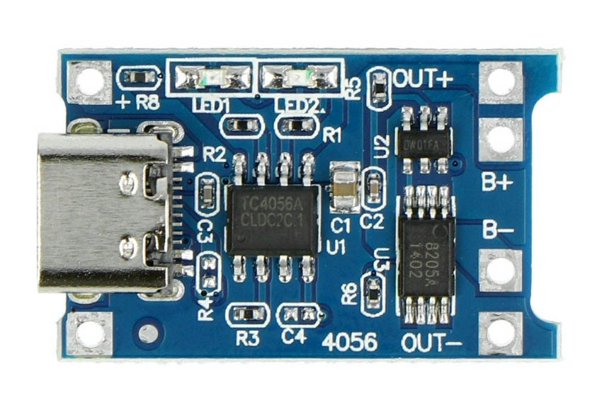 Li-Pol TP4056 enkeltcelle 1S 3,7V USB Type C-lader med beskyttelse.