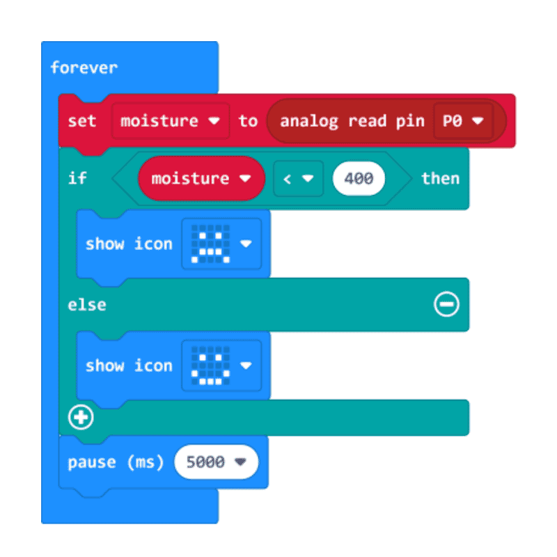 Eksempel p&aring; MakeCode Blocks-kode som m&aring;ler jordfuktighet med micro:bit.