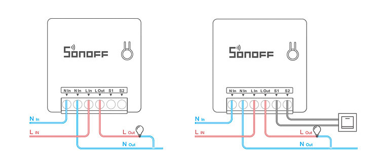Koblingsdiagram for Sonoff Mini R2.