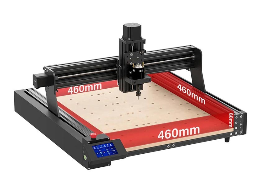 Arbeidsområdet på fresemaskinen er 460 x 460 x 80 mm.