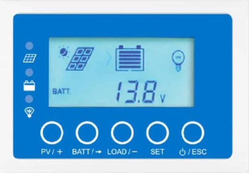 LCD-display på laderegulatoren XTRA1210N gir tydelig oversikt over lading, spenning og systemstatus