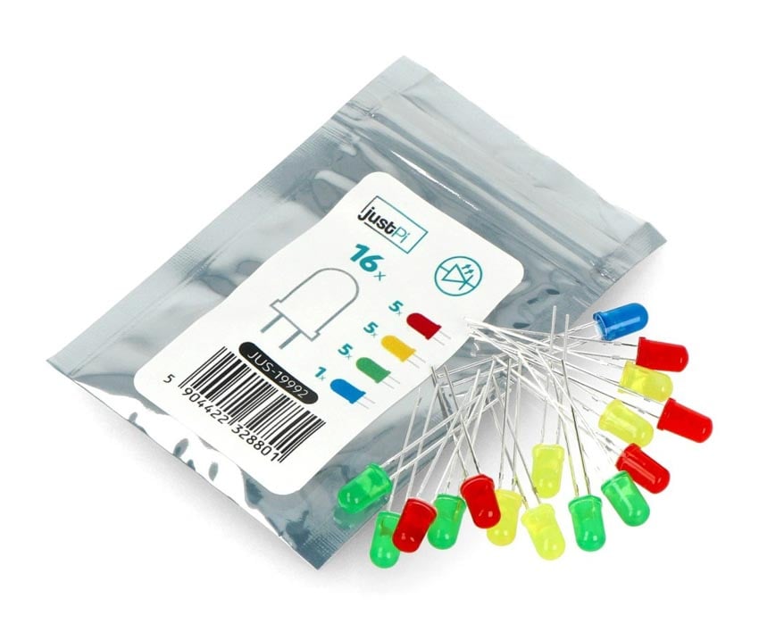 LED-dioder 5 mm, sett med 16 stk, assorterte farger