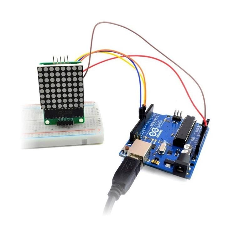 LED-modulen kobles enkelt til Arduino via SPI-grensesnittet ved bruk av noen få digitale pinner.