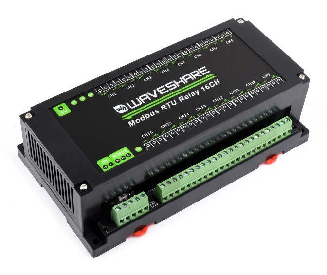 16-kanals rel&eacute;modul med Modbus RTU og RS485 i skr&aring; visning