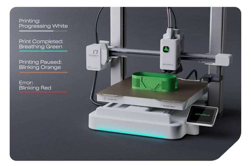 3D-printer med fargeindikatorer som markerer utskriftsstatus