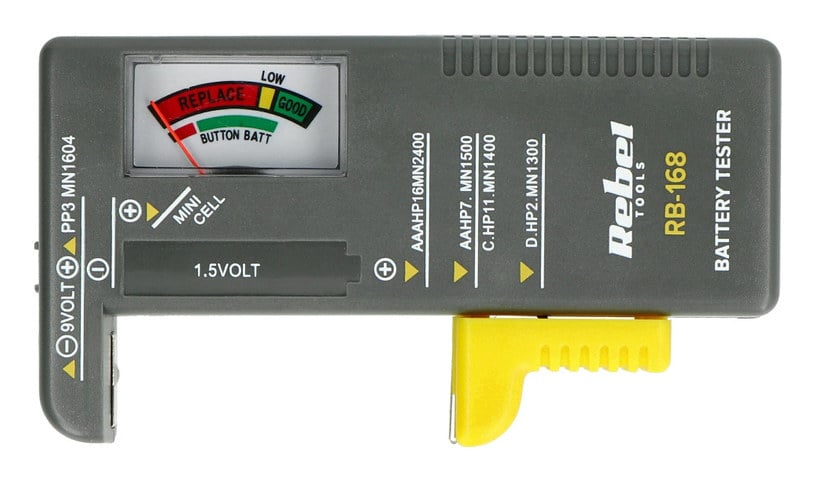 Analog batteritester med m&aring;leur og kontakter for ulike batteriformater
