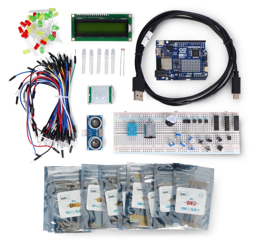 Arduino-startsett med Uno R4 WiFi, koblingsbrett og elektronikkdeler