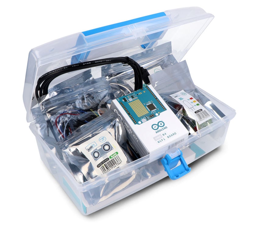 Arduino-startsett samlet i gjennomsiktig oppbevaringsboks med Uno R4 WiFi