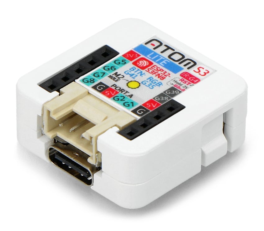 AtomS3 Lite-utviklingskort med USB-C-port og utbrutte GPIO-pinner