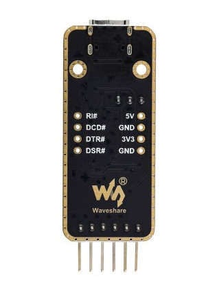 Baksiden av USB-UART-omformeren med CH343 og merkede tilkoblingspinner
