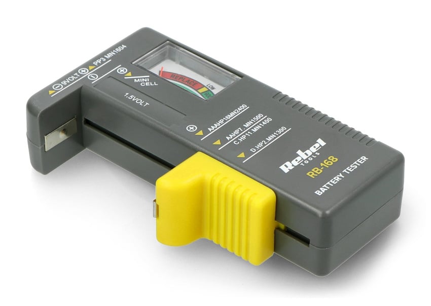Batteritester RB-168 sett fra siden med mekanisk m&aring;leskyver