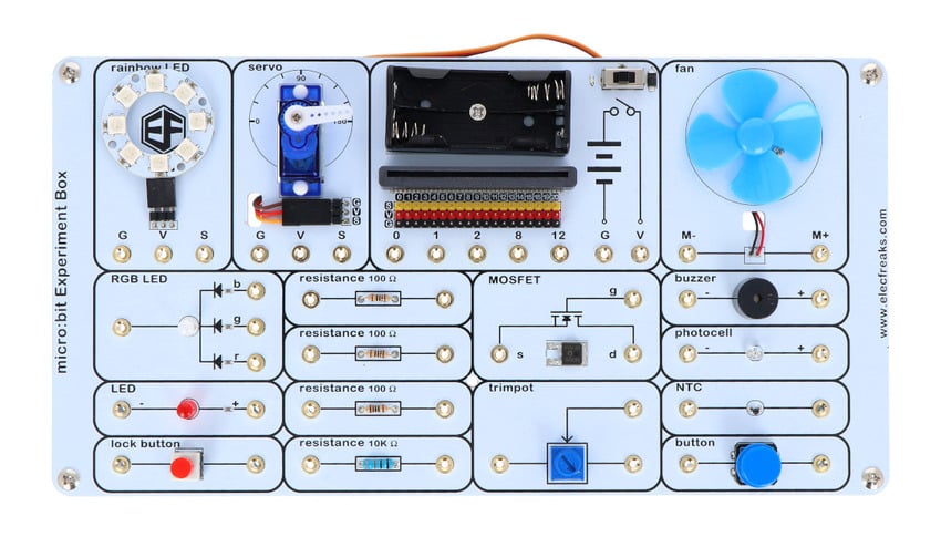 BBC micro:bit-eksperimentsett med servo, vifte, lysdioder, sensorer og knapper