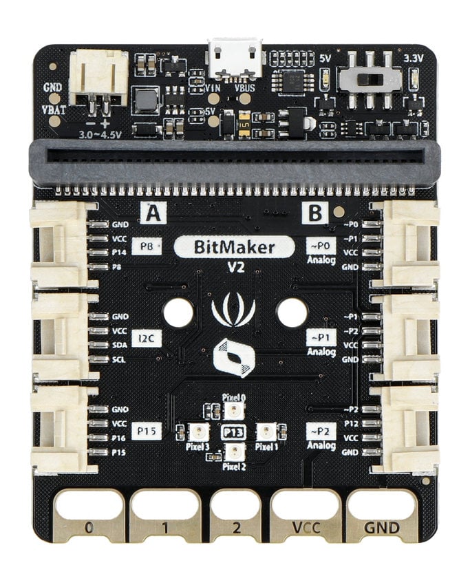 BitMaker V2-utvidelseskort med strømtilkoblinger, bryter og kontaktpunkter