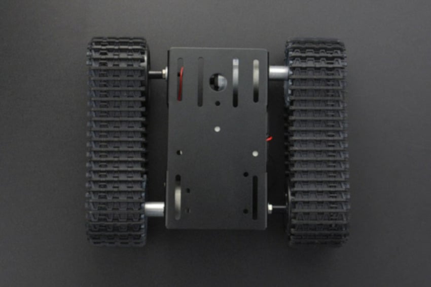 Black Gladiator robotunderstell sett ovenfra med belter og chassisplate