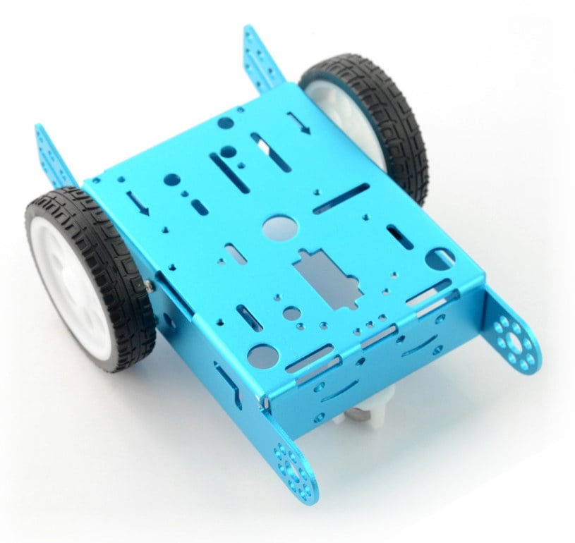 Bl&aring;tt 2WD-robotchassis i metall sett ovenfra med monteringsspor og hjul