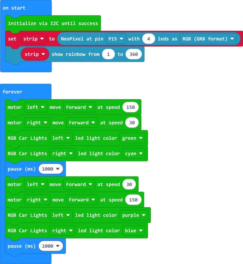 Blokkprogram for Maqueen Lite V5 med motorstyring og RGB-lys