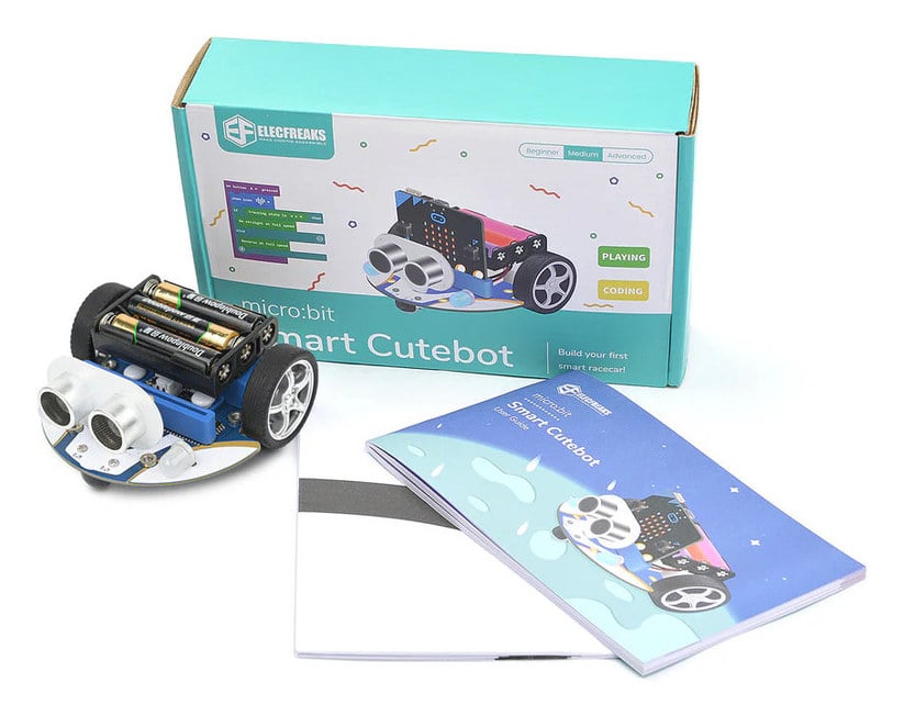 Cutebot-robotbilsett med emballasje, robotbil og instruksjonshefter