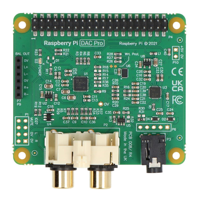 DAC-lydkort for Raspberry Pi sett ovenfra med RCA-utganger og GPIO-kontakt