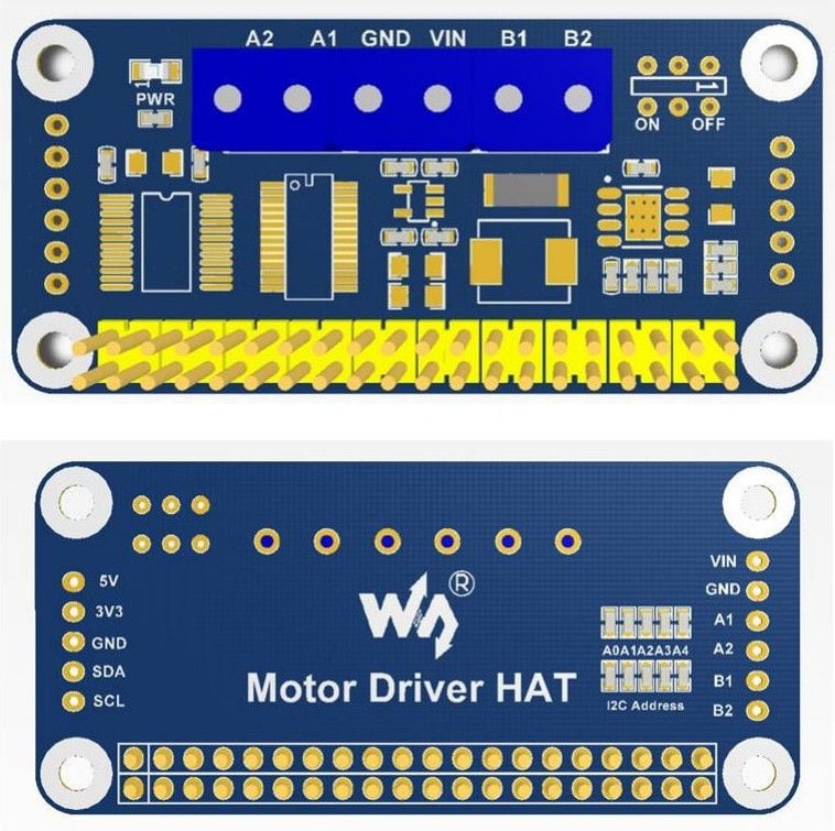 DC-motorstyringskort vist fra for- og bakside med GPIO-kontakt