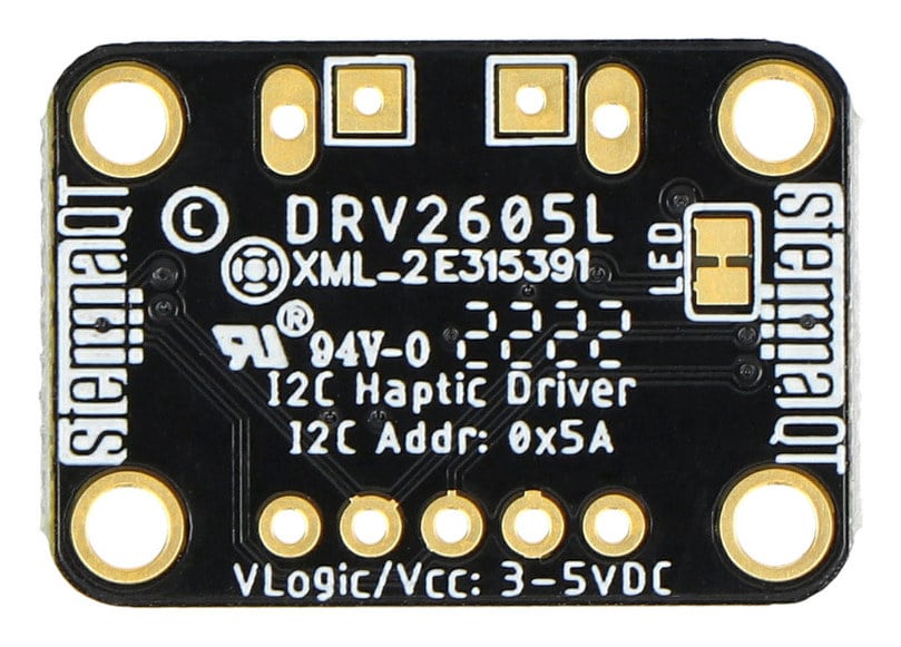 DRV2605L-kontrollmodul sett fra undersiden med teknisk merking og kontaktpunkter