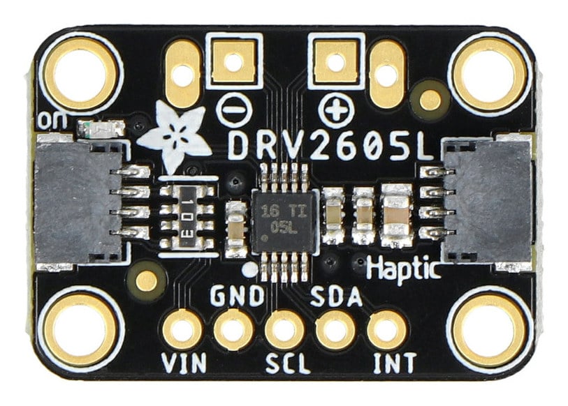 DRV2605L-kontrollmodul sett ovenfra med motor- og STEMMA QT-kontakter