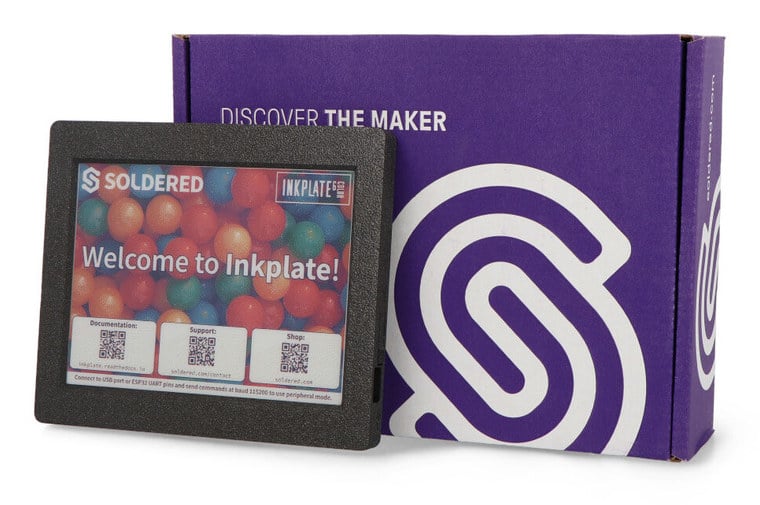 E-papirskjerm med ESP32 i kabinett foran produktemballasjen