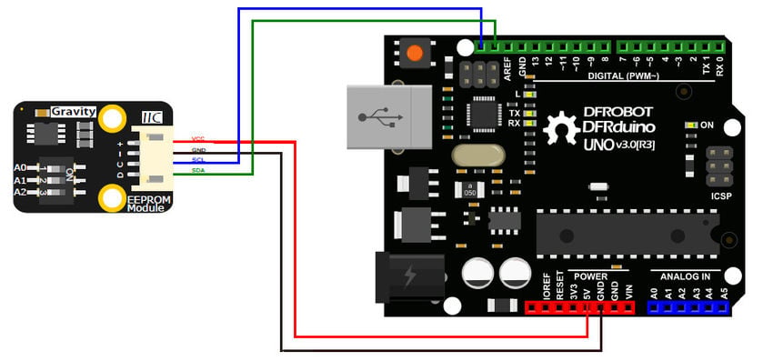 EEPROM-modul med koblingsskjema til Arduino Uno og fire tilkoblinger