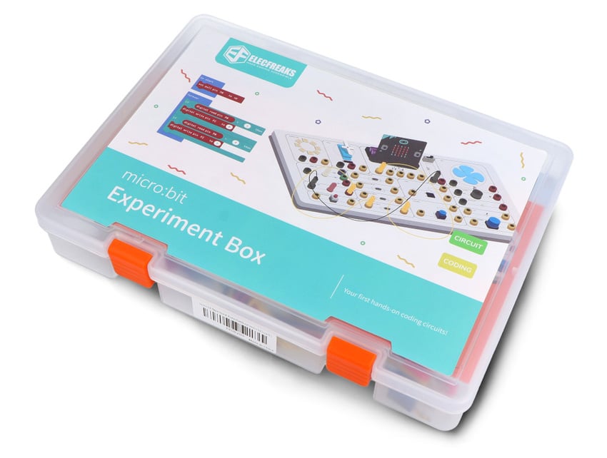 Eksperimentsett for BBC micro:bit i boks med koblingsbrett og elektroniske komponenter