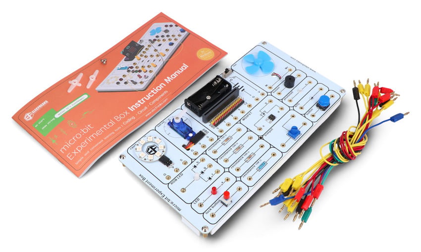 Eksperimentsett for BBC micro:bit med koblingsbrett, veiledning og tilkoblingsledninger