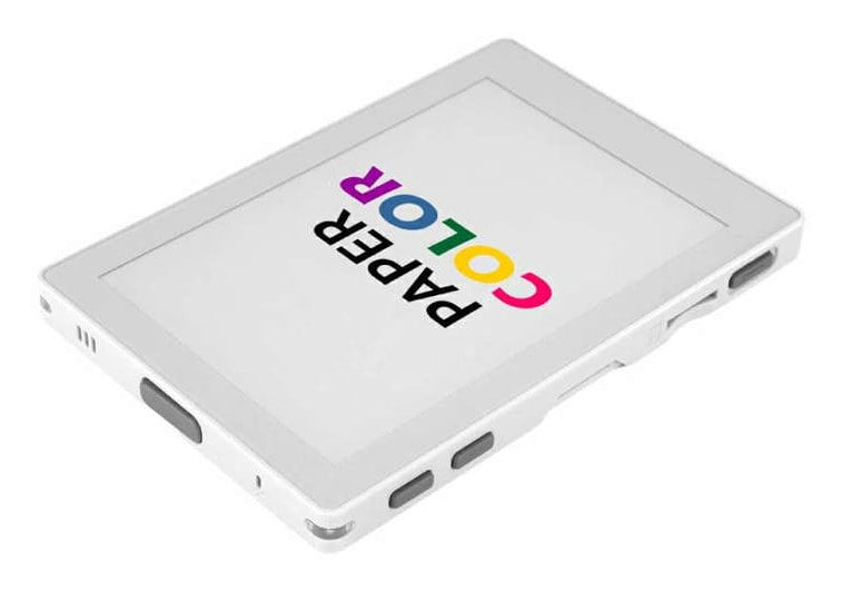 ESP32-S3-utviklingskort med fire tommers E Ink-fargeskjerm sett skrått ovenfra