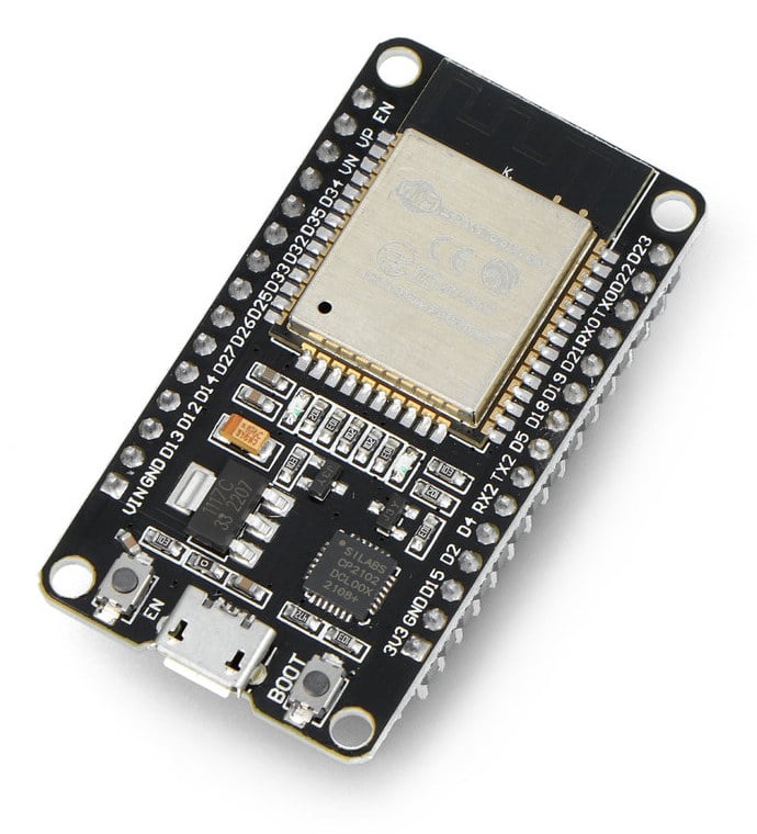 ESP32-utviklingskort sett ovenfra med USB-kontakt og betjeningsknapper
