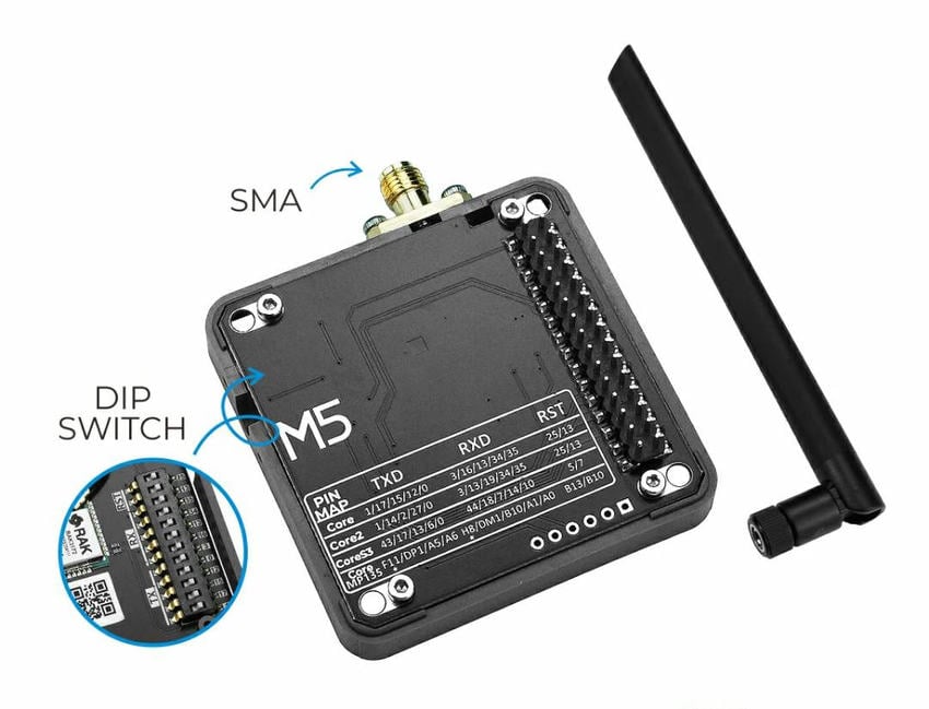 EU868-modul med stavantenne, SMA-kontakt og DIP-bryter