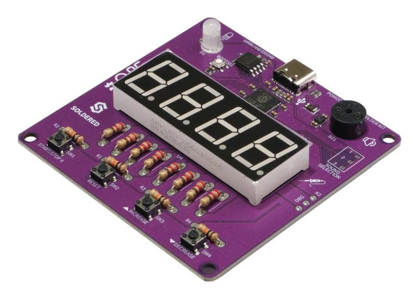 Ferdig montert Pomodoro-timer som loddesett med firesifret display og USB-C