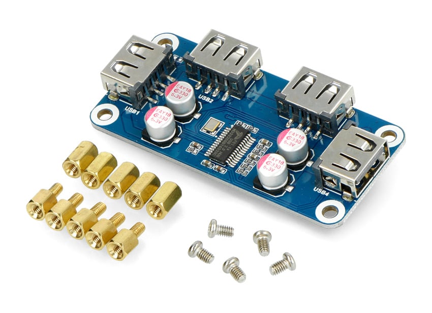 Fireporters USB-hub for Raspberry Pi med skruer og avstandsstykker