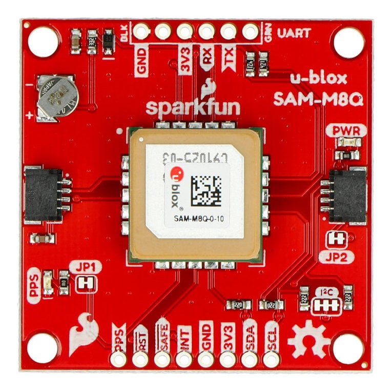 GNSS-modul sett ovenfra med UART-, I2C- og Qwiic-tilkoblinger