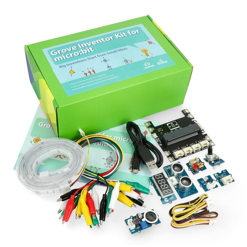 Grove oppfinnersett for micro:bit med eske, utvidelseskort, kabler og moduler