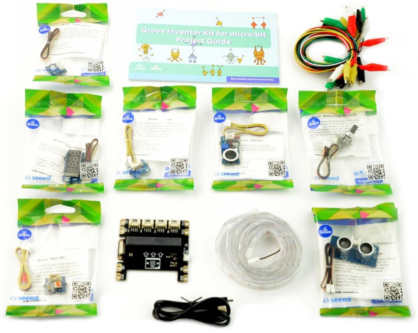 Grove oppfinnersett for micro:bit med prosjektguide, sensorer, kabler og tilbeh&oslash;r