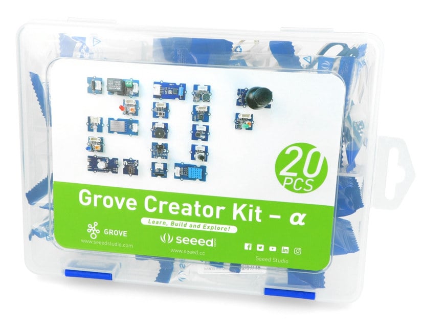 Grove-startsett med 20 Arduino-moduler i gjennomsiktig oppbevaringsboks