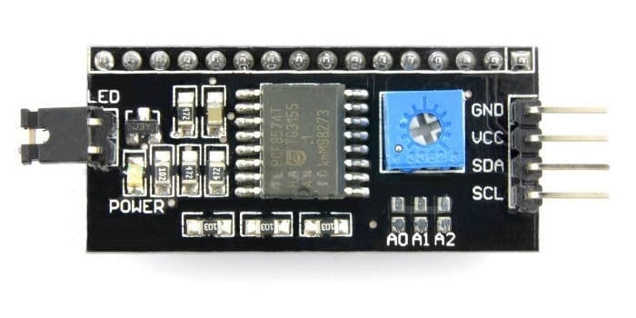 I2C-adapter for HD44780 med adressebroer og SDA- og SCL-tilkoblinger