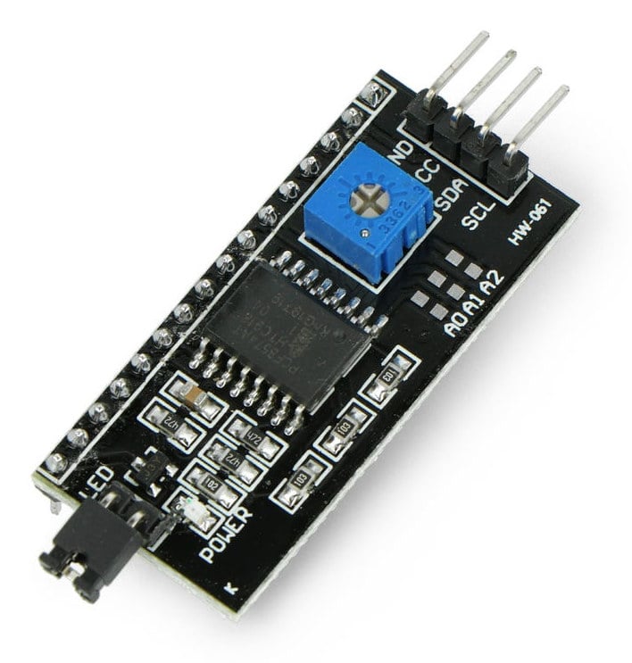 I2C-adapter for HD44780 med kontaktpinner og kontrastpotensiometer