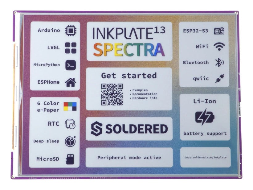 Inkplate 13SPECTRA med funksjons- og tilkoblingsikoner rundt skjermen