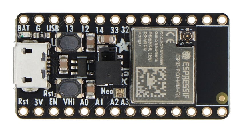 ItsyBitsy ESP32 sett ovenfra med w.FL-kontakt og merkede tilkoblinger