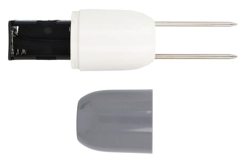 Jordfuktighets- og temperatursensor med &aring;pent batterirom og avtakbart deksel