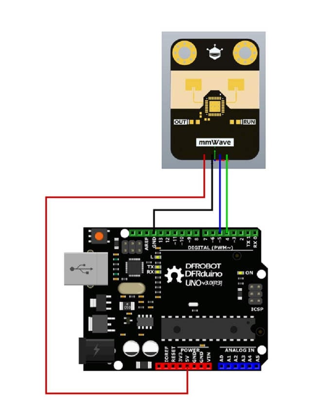 Koblingsdiagram for C4001 mmWave-sensor og et Arduino Uno-kort